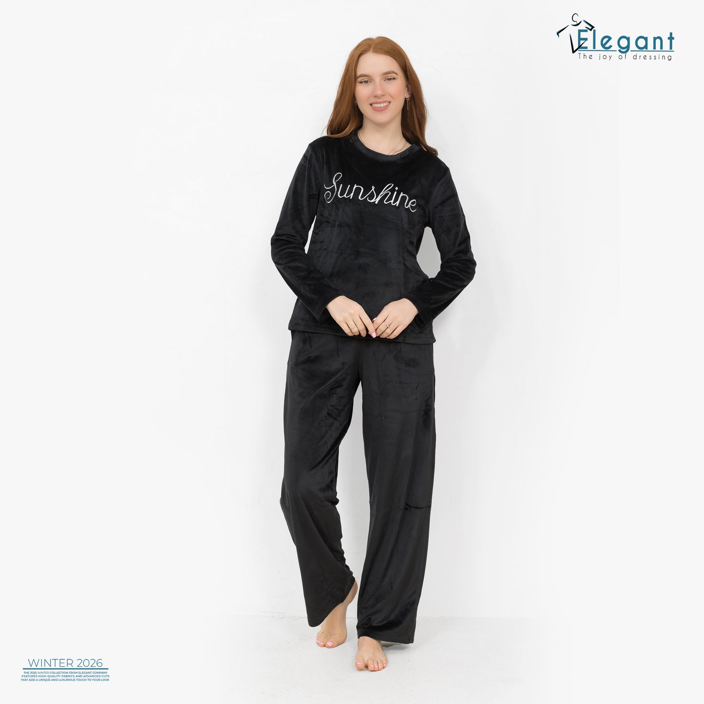 WIDE LEG Velvet Embroidery Pyjama -Black-Sunshine