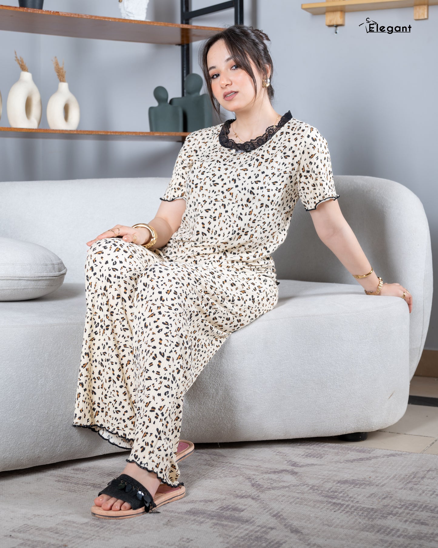 Ribbed V Neck SS PJ - Beige Tiger