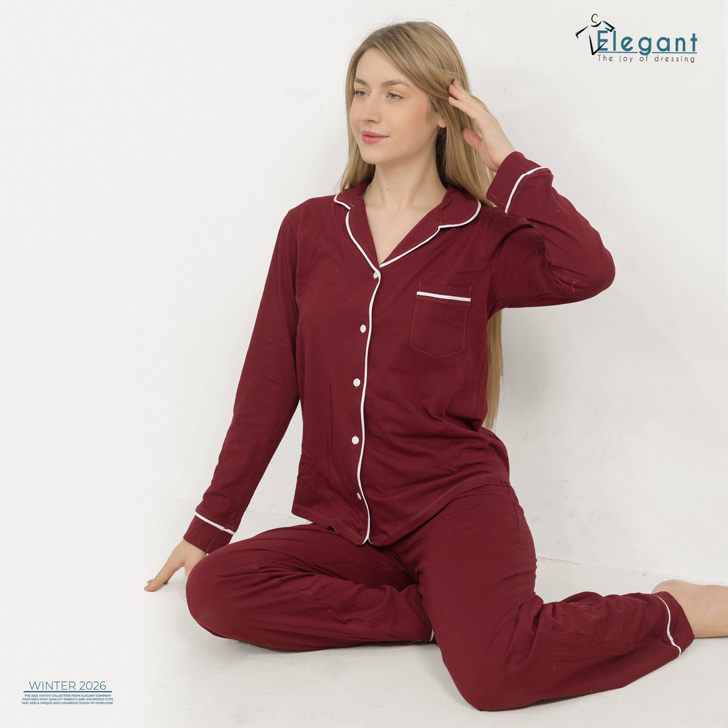 Cotton Long sleeves Wide Leg Classic PJ  - Maroon