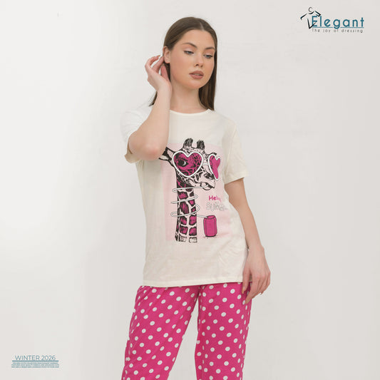 PJs Pants Cotton - Offwhite Fushia - Cool Giraffe