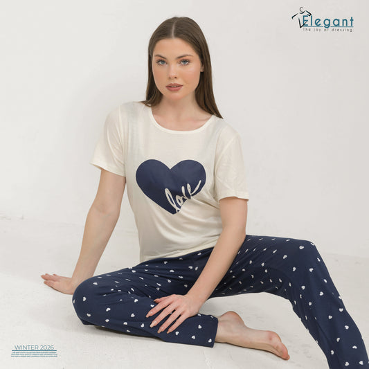 PJs Pants Cotton - Offwhite Navy hearts - i love you