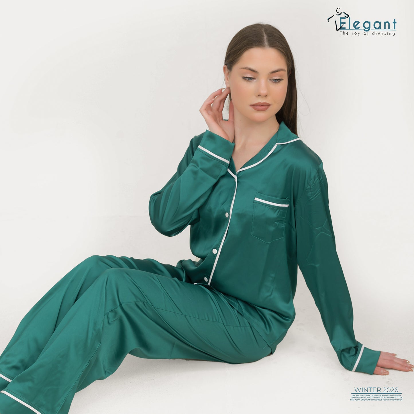 بيجاما ساتان بأكمام طويلة وسروال كلاسيكي - درجة اليشم