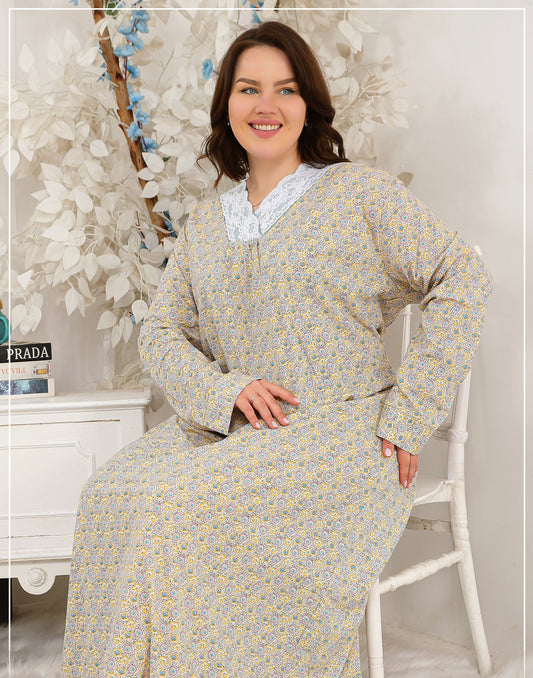 BIG SIZE Maxi Galabeya Long Sleeves multicolor yellow V Neck