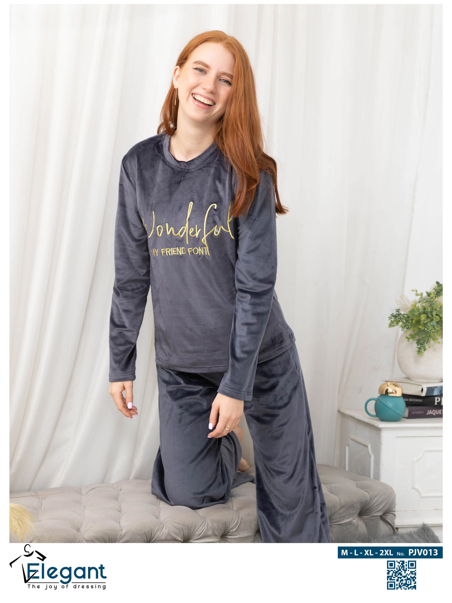 WIDE LEG Velvet Embroidery Pyjama - Dark Grey - Wonderful