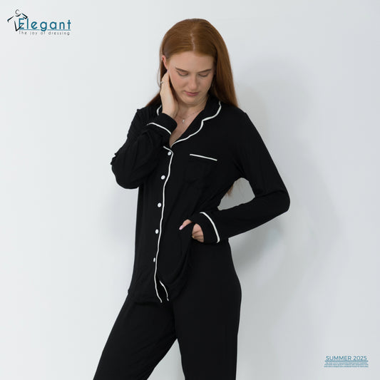 Soft Cotton Long sleeves Classic PJ Pants - Black