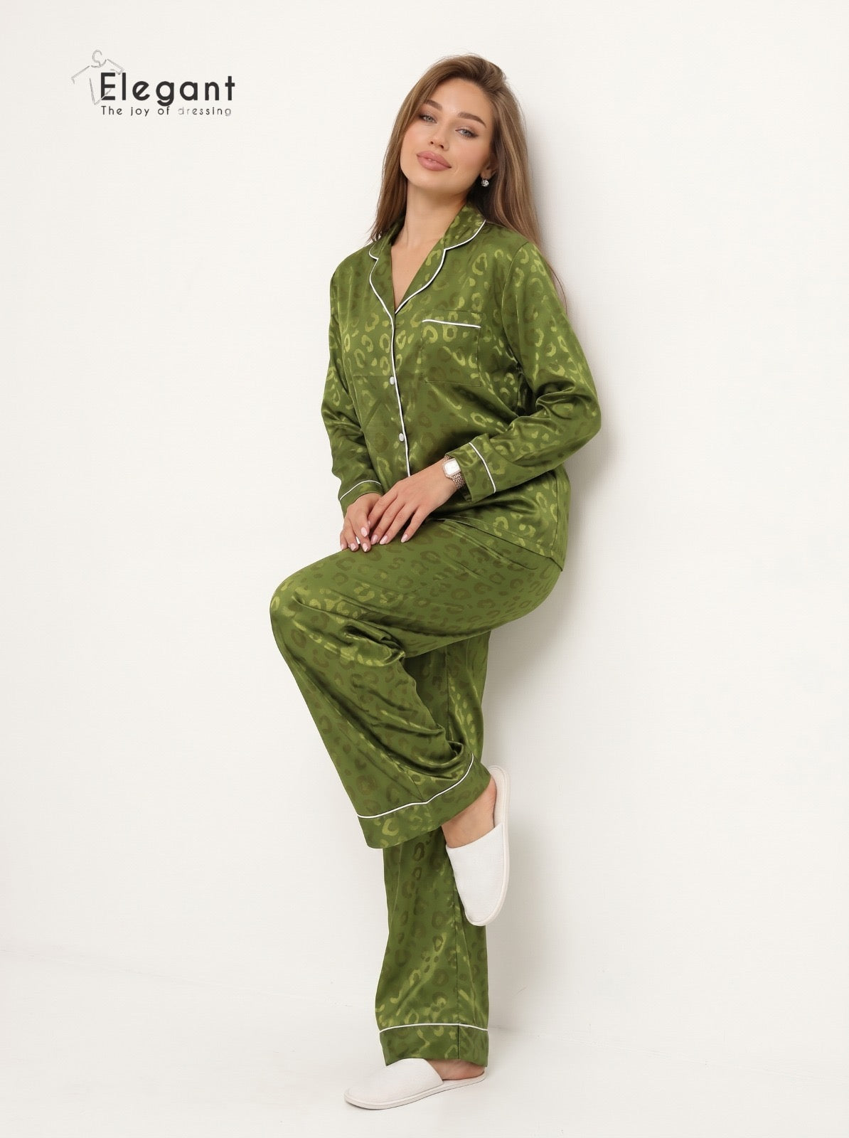 Satin Long sleeves Classic PJ Pants - Jacquard Olive Green
