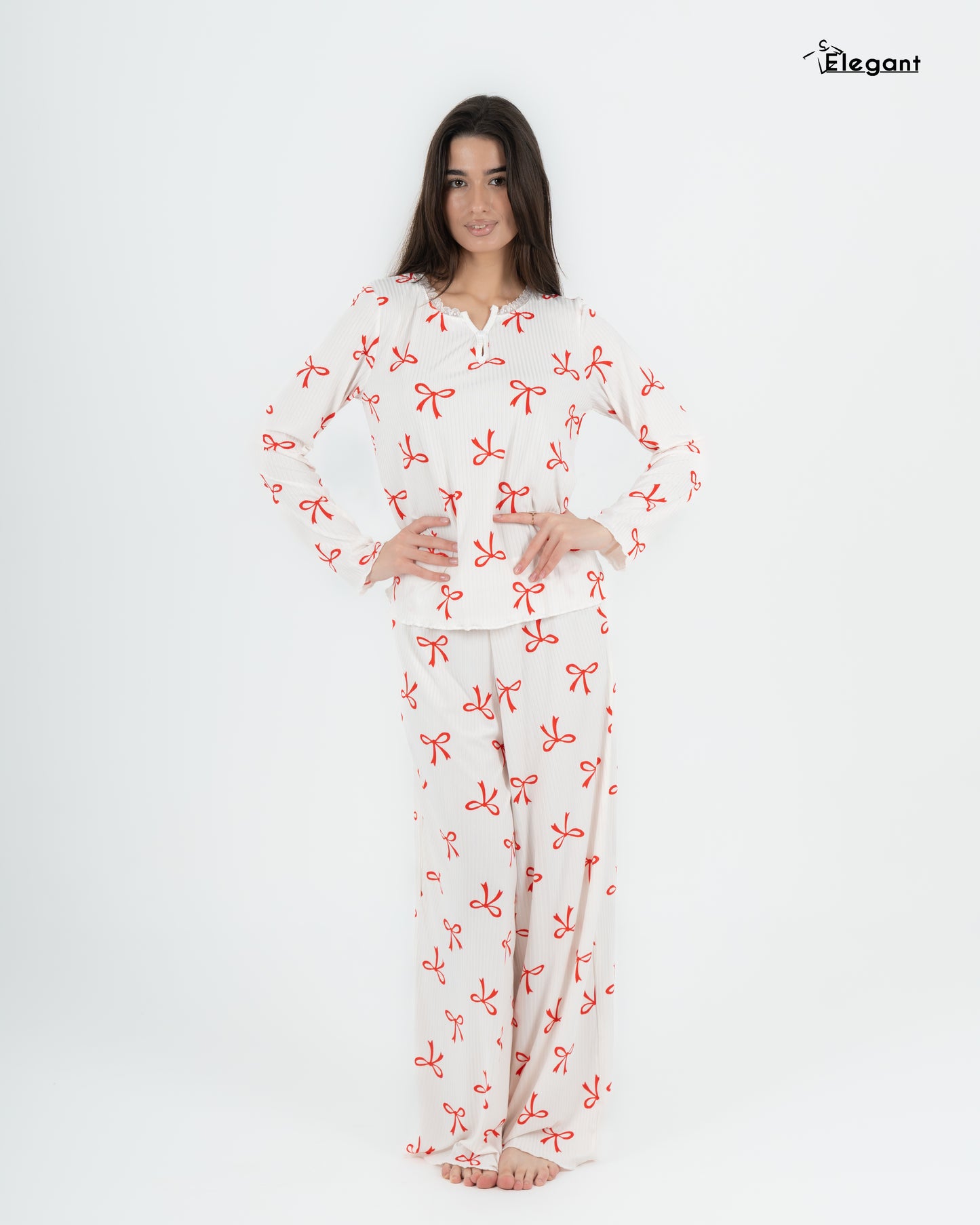 Ribbed V Neck PJ LS Offwhite - Charming Bow