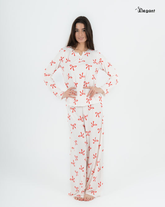 Ribbed V Neck PJ Offwhite - Charming Bow