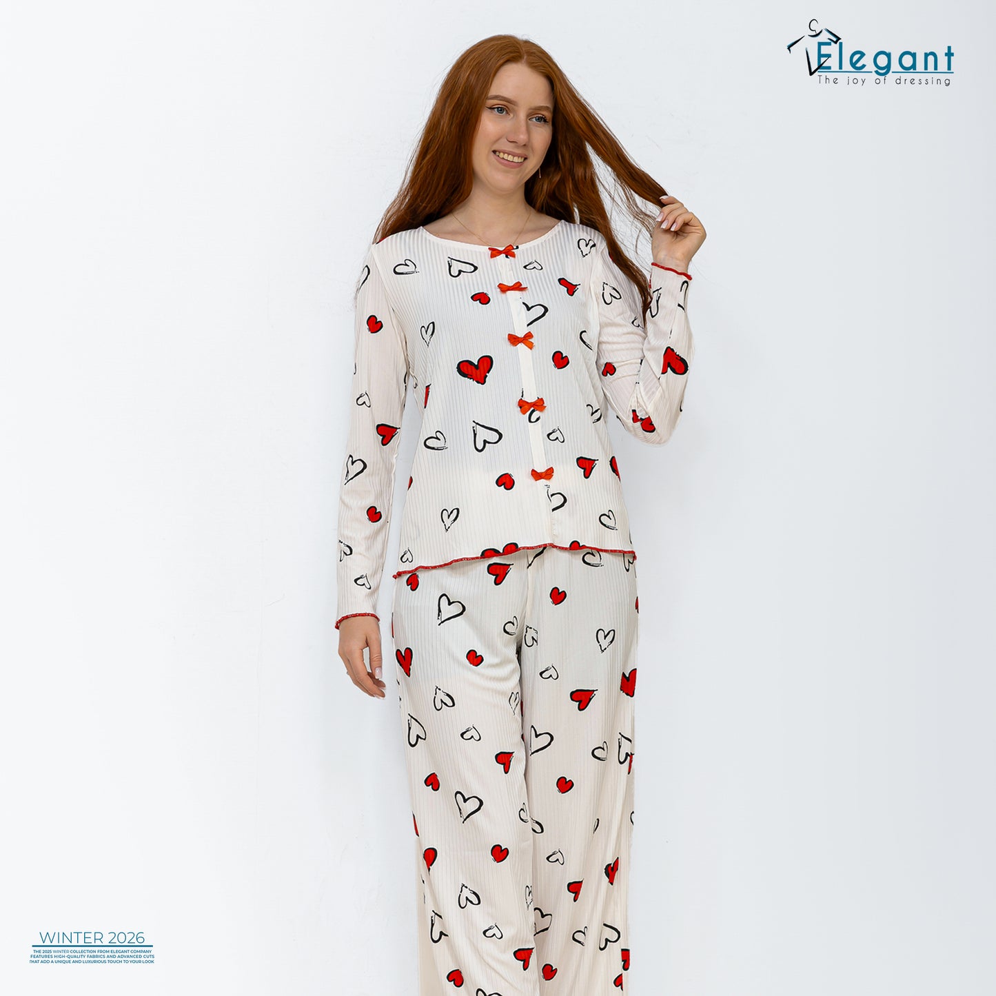 Rib Cotton Knot Front PJ Offwhite - Soft Hearts in Red
