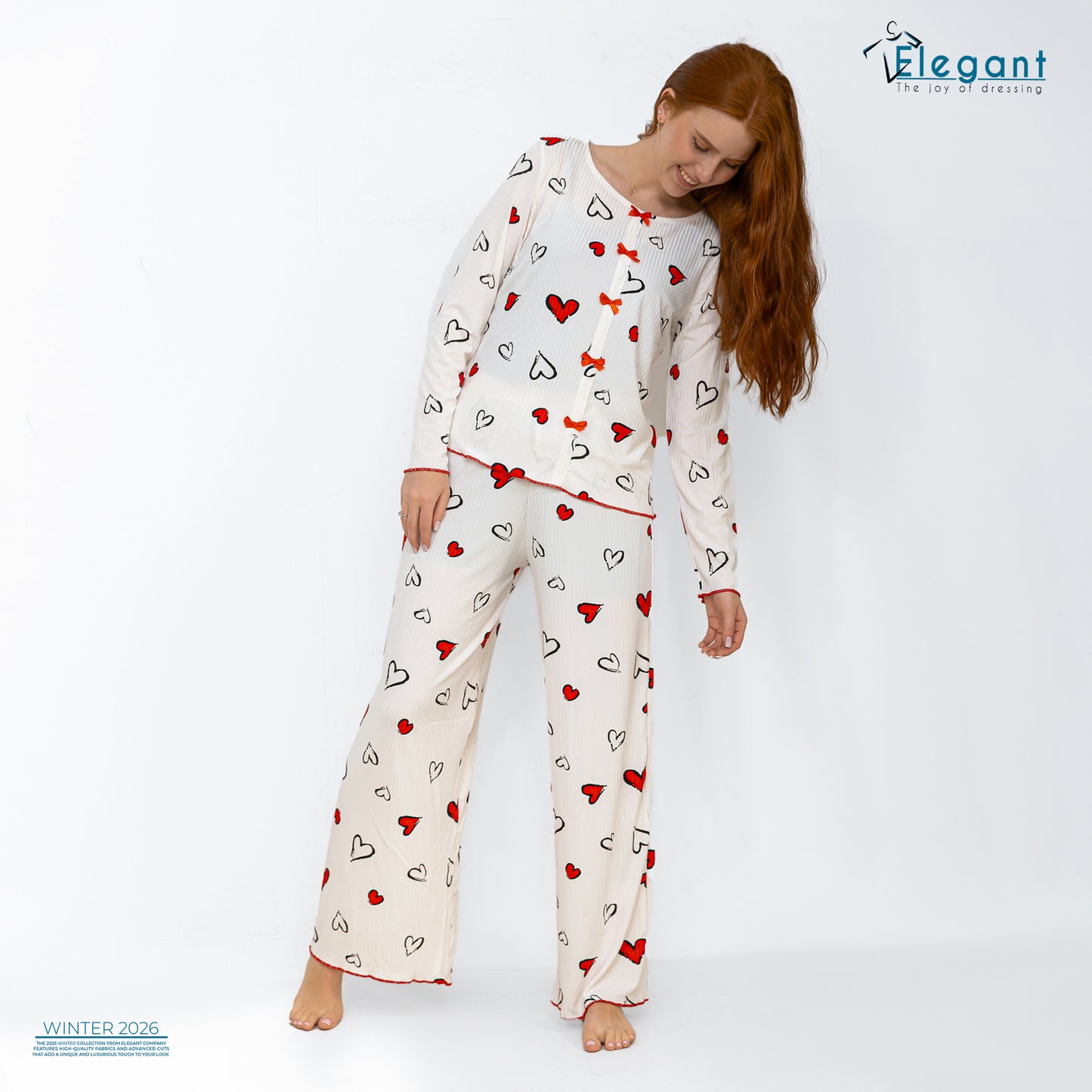 Rib Cotton Knot Front PJ Offwhite - Soft Hearts in Red