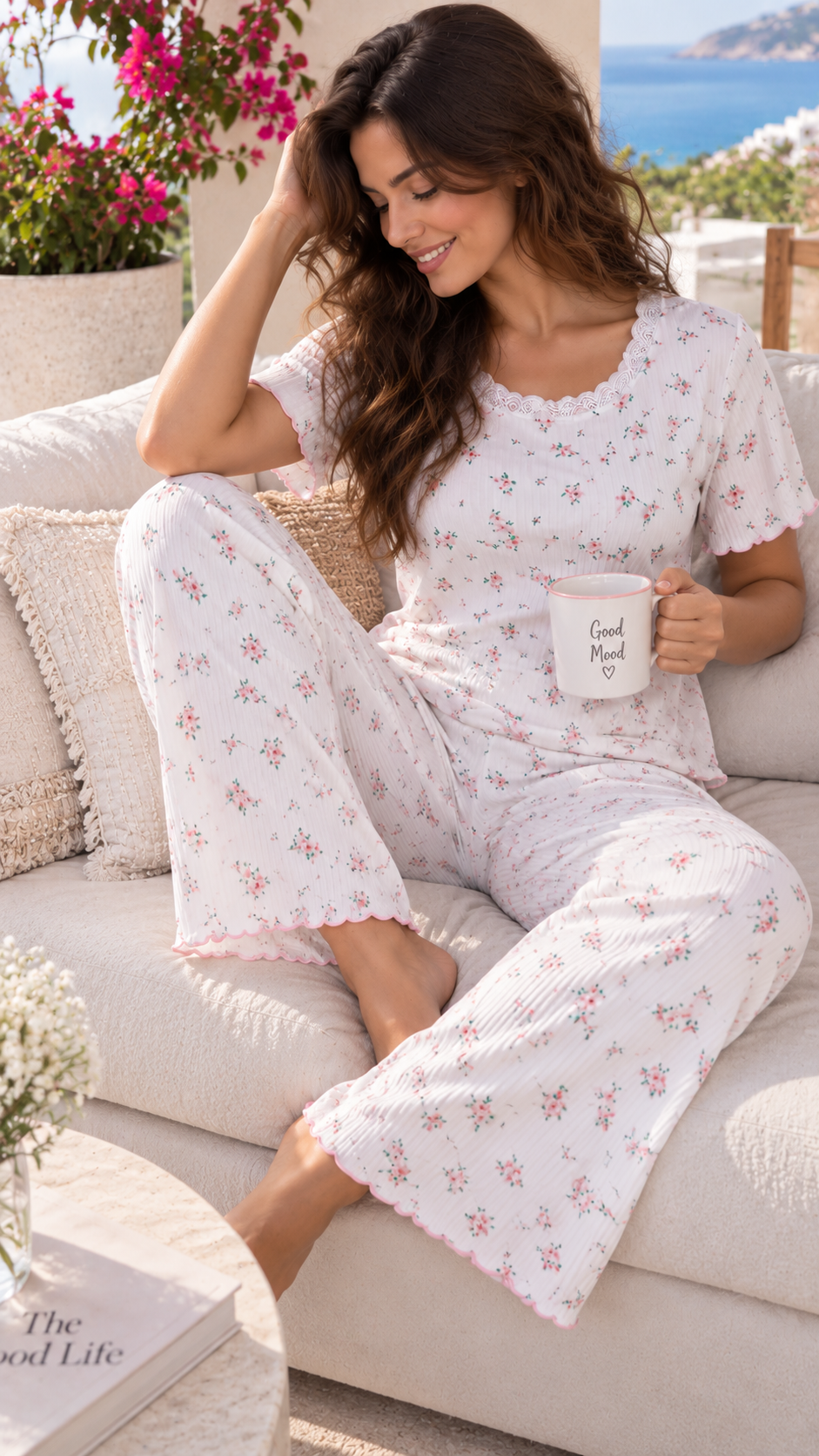 Ribbed PJ Offwhite - pink Floral