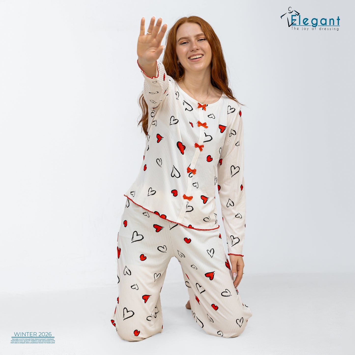 Rib Cotton Knot Front PJ Offwhite - Soft Hearts in Red