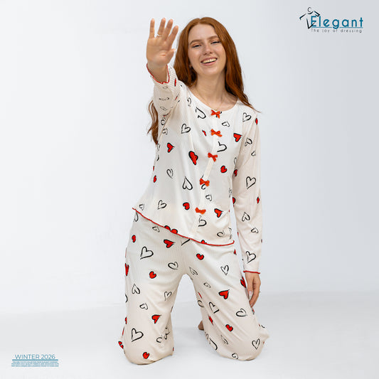 Rib Cotton Knot Front PJ Offwhite - Soft Hearts in Red