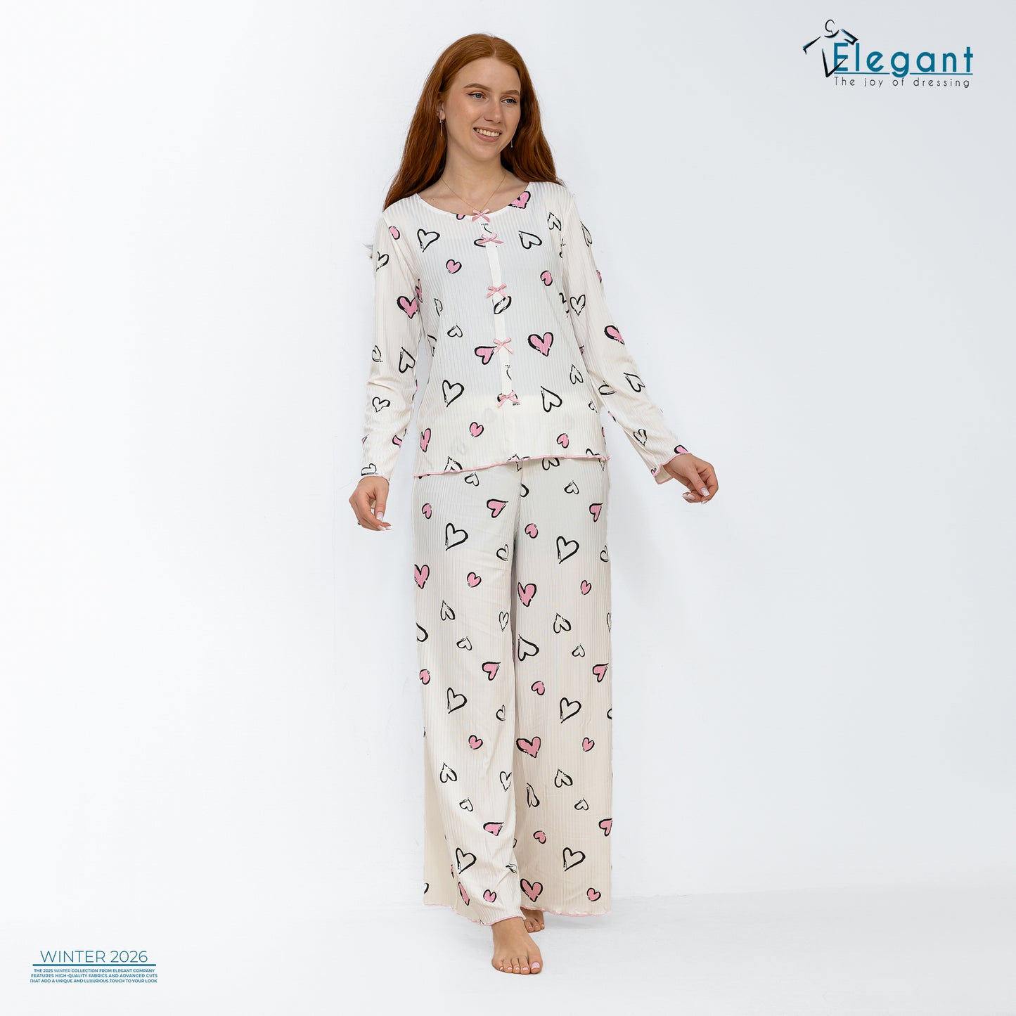 Rib Cotton Knot Front PJ Offwhite - Soft Hearts in Pink