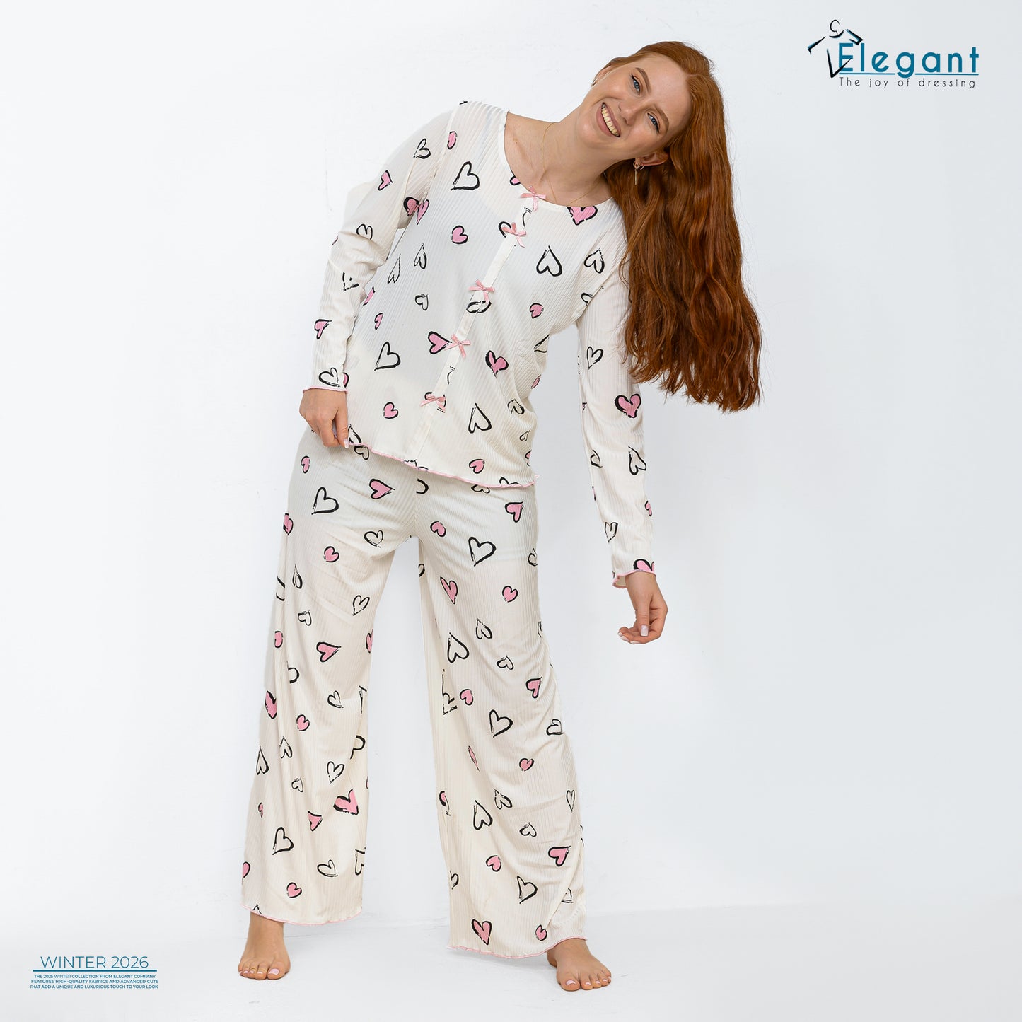 Rib Cotton Knot Front PJ Offwhite - Soft Hearts in Pink