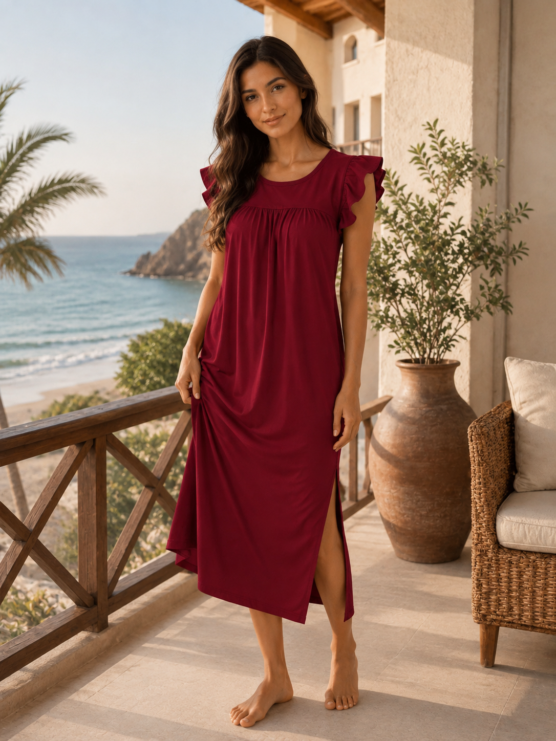 Modern Ruffles Galabeya - Plain Maroon