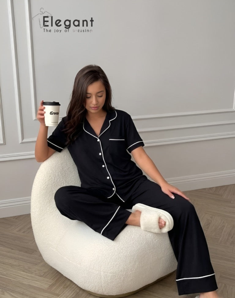 Classic PJ Pants Cotton Wide Leg - Plain Black