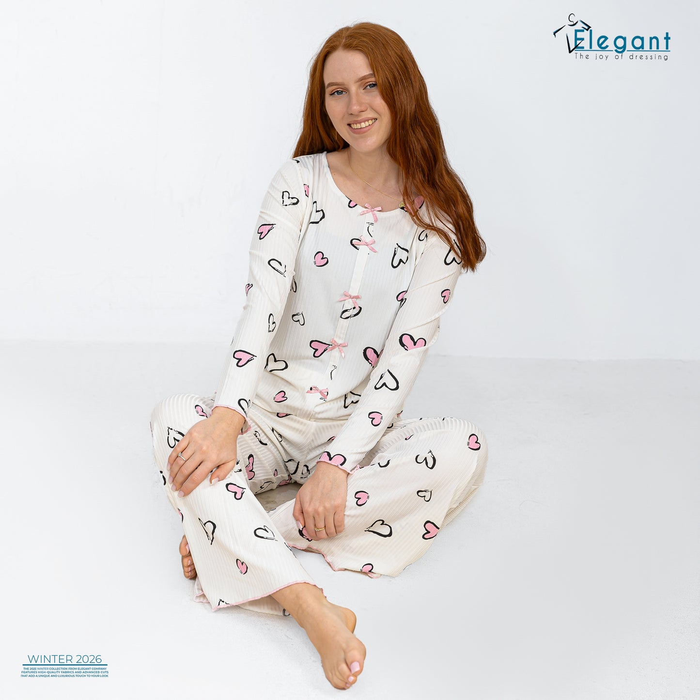 Rib Cotton Knot Front PJ Offwhite - Soft Hearts in Pink