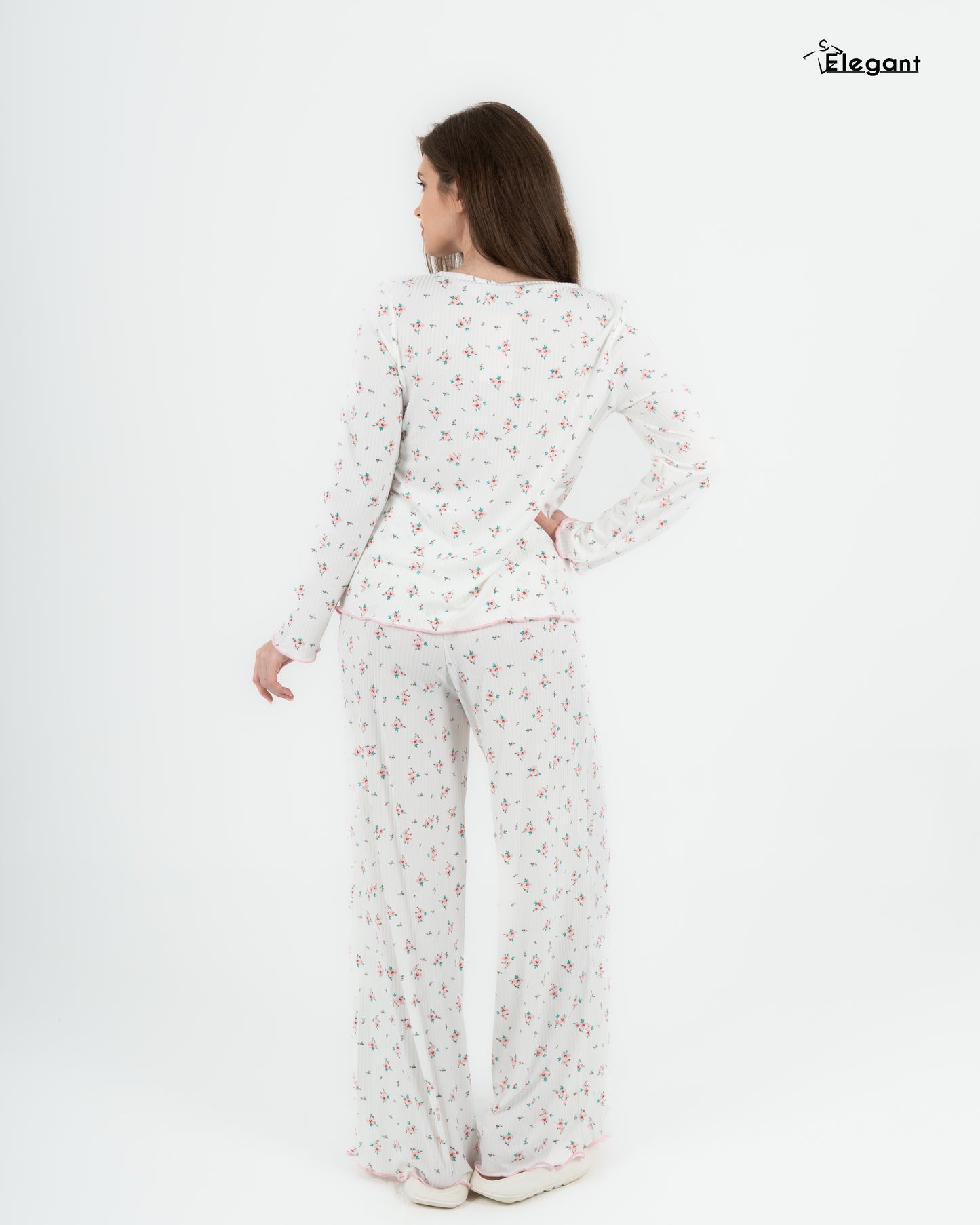Ribbed Knot Front PJ LS Offwhite - pink Floral