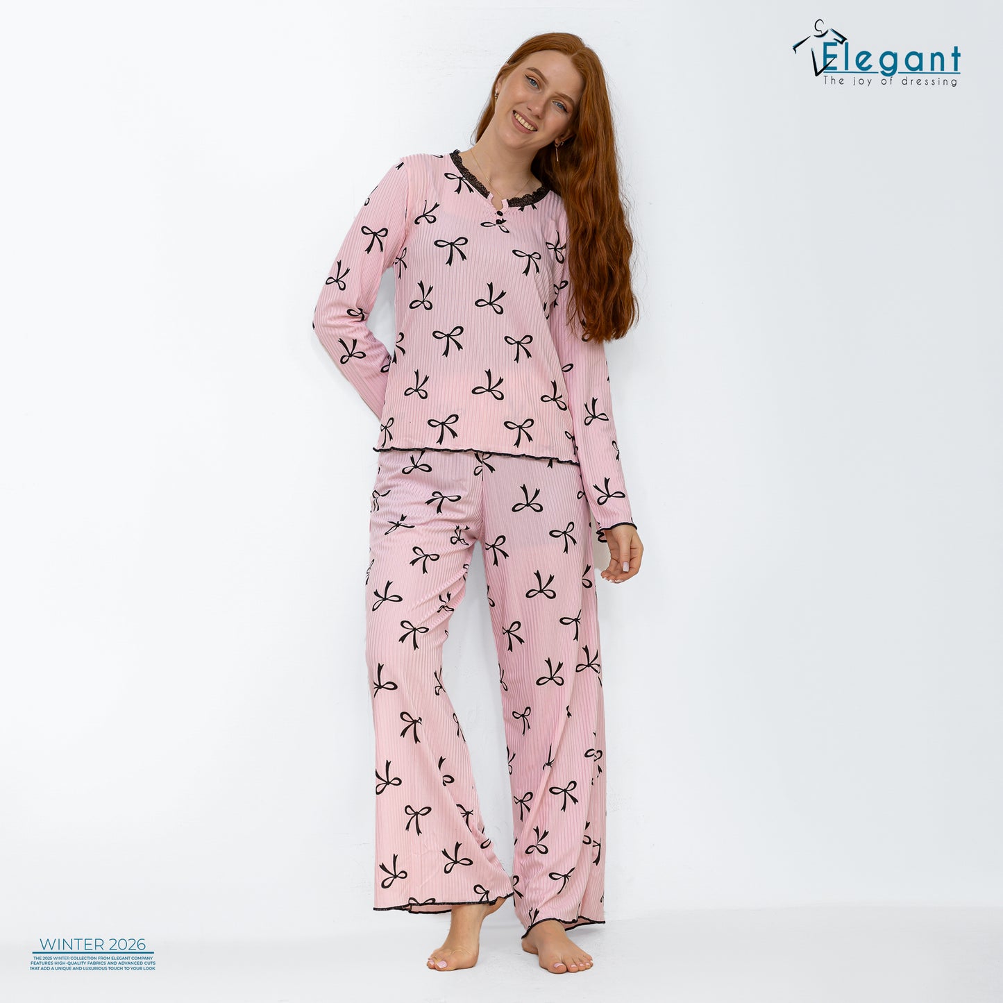 Rib Cotton V Neck PJ - Charming Bow Pink