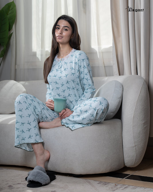 Ribbed V Neck PJ Powder Blue - Bow