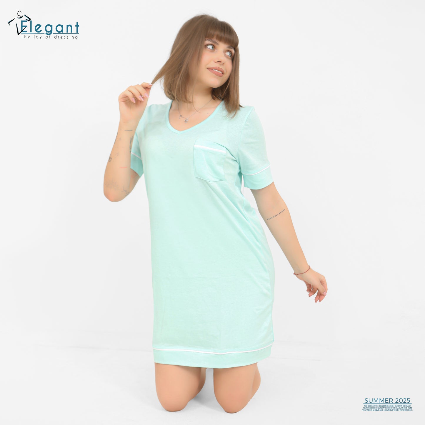 Nightshirt cotton with piping - Pistachio
