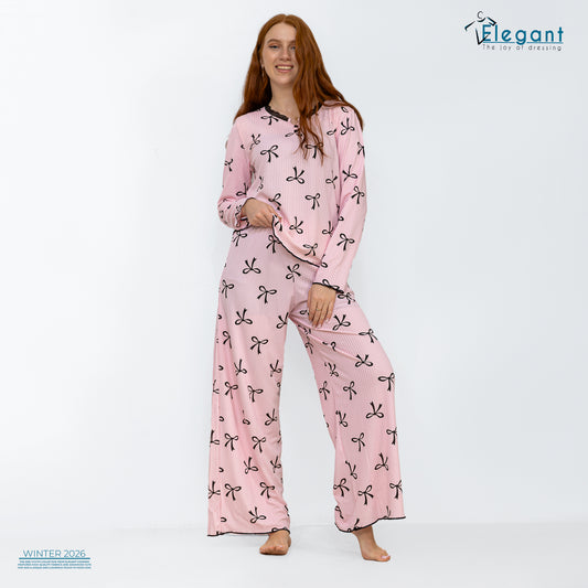 Rib Cotton V Neck PJ - Charming Bow Pink