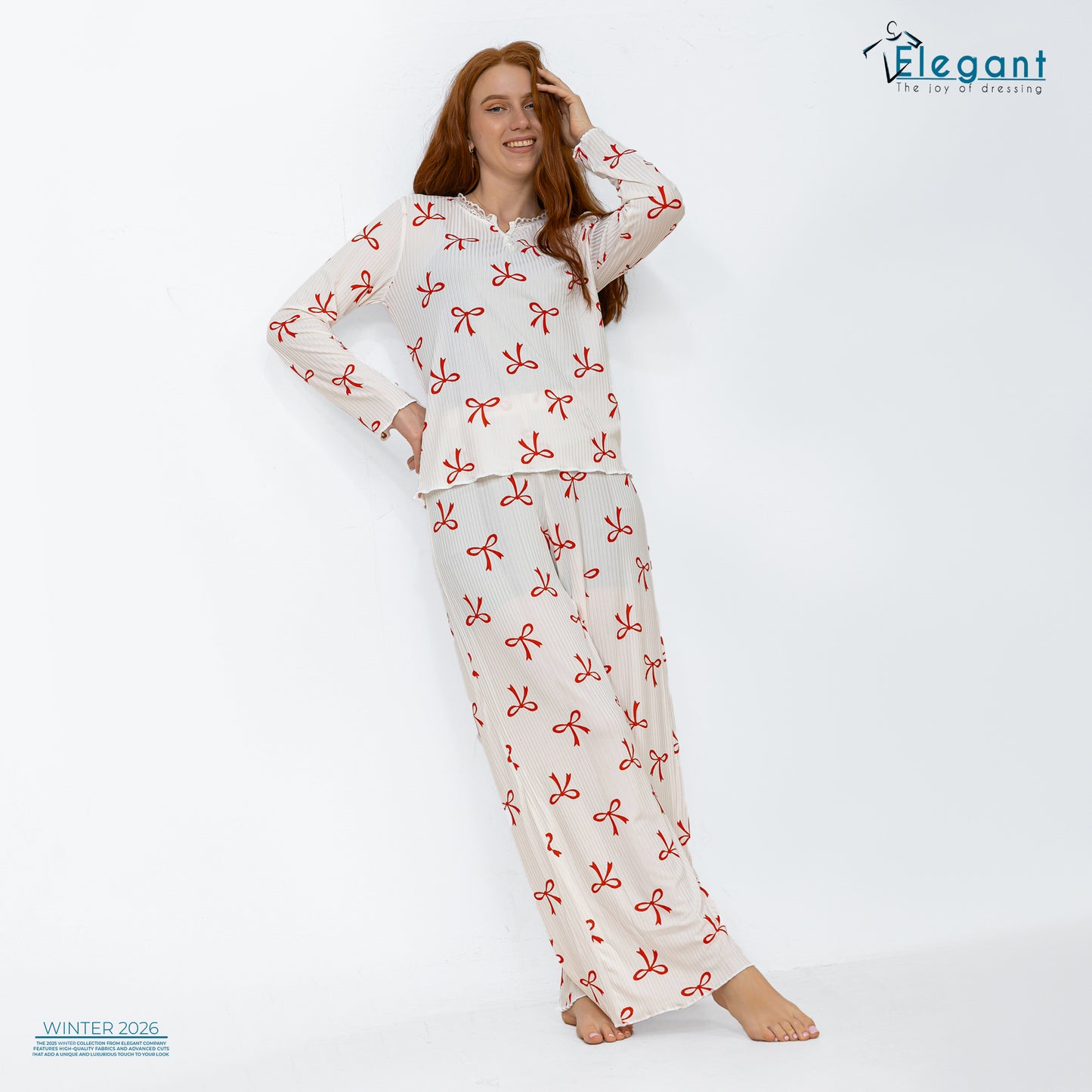 Rib Cotton V Neck PJ - Charming Bow Offwhite