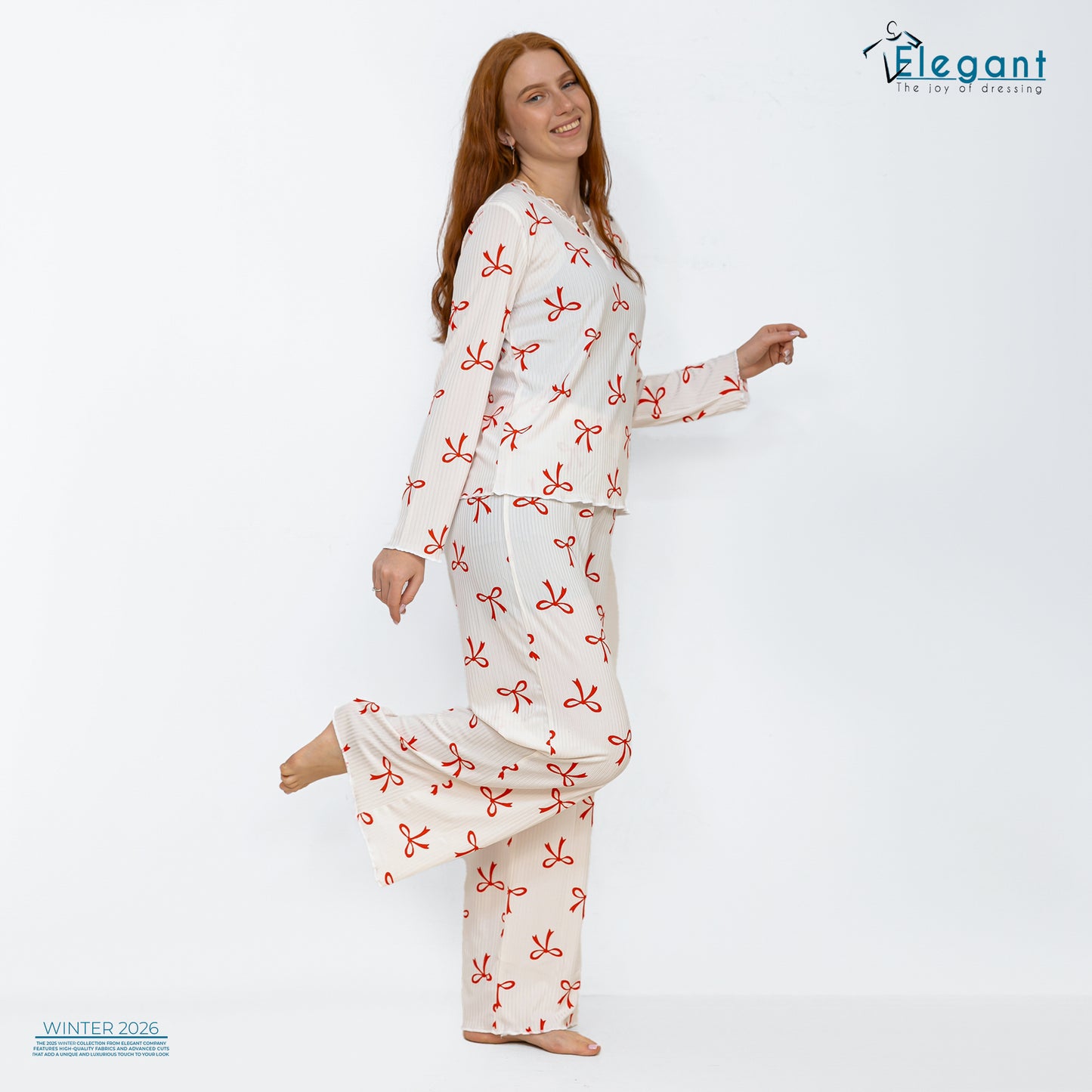 Rib Cotton V Neck PJ - Charming Bow Offwhite
