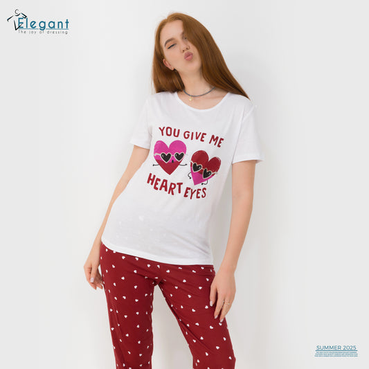 PJs Pants Cotton - White burgundy - Heart Eyes