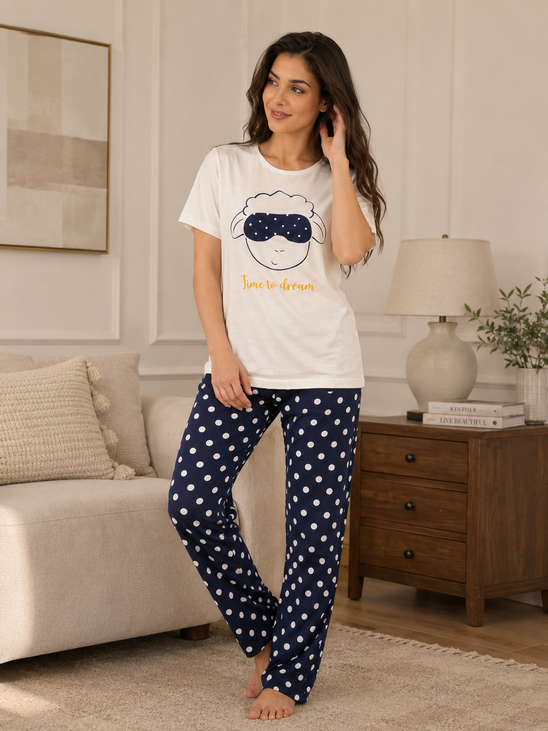 PJs Pants Cotton - White navy - Time to dream