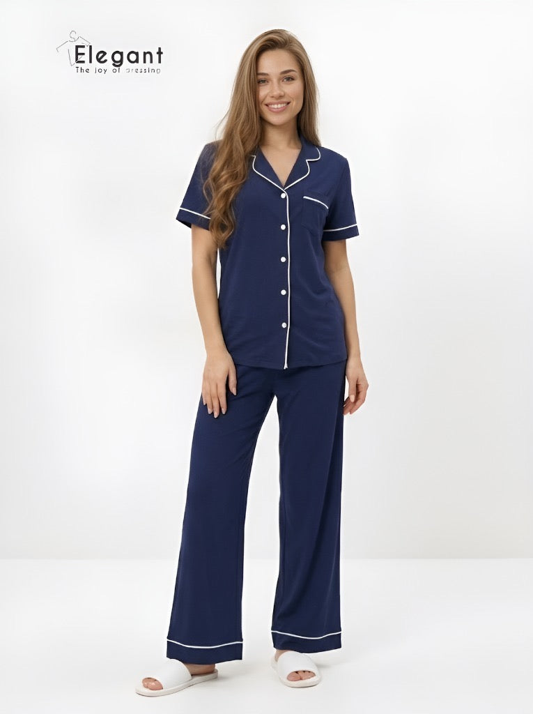 Classic PJ Pants Cotton Wide Leg - Plain Navy
