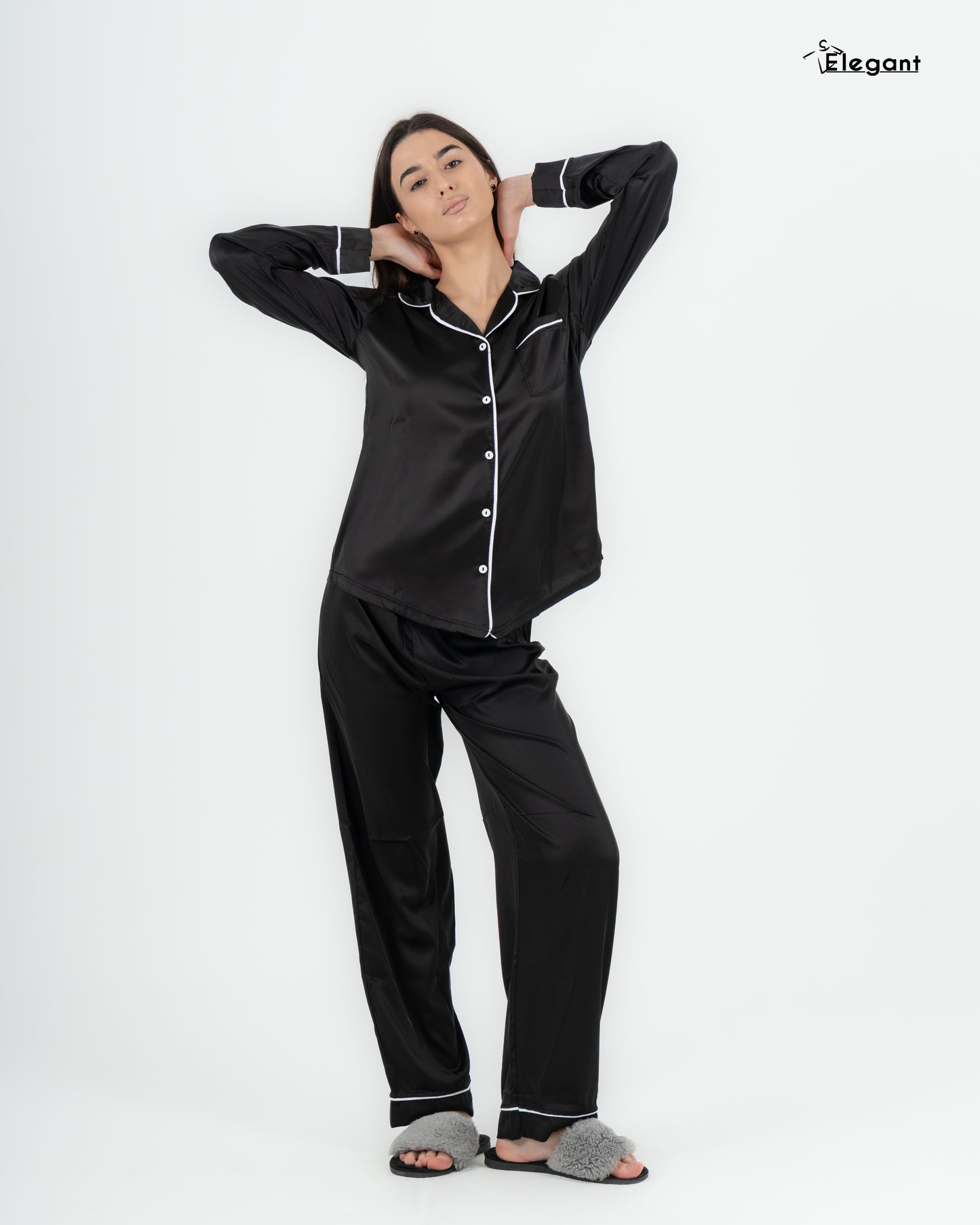 Satin Long sleeves Classic PJ Pants - Black