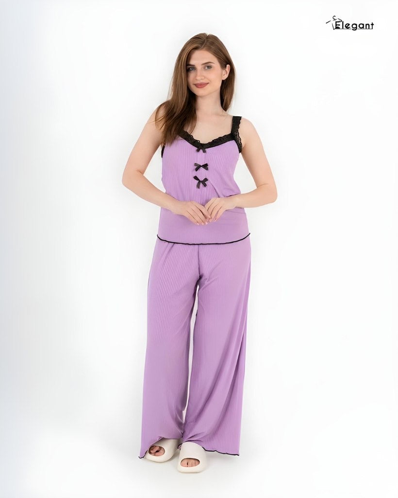 Straps Ribbed PJ Pants - Contrasted Black trims - Lavender