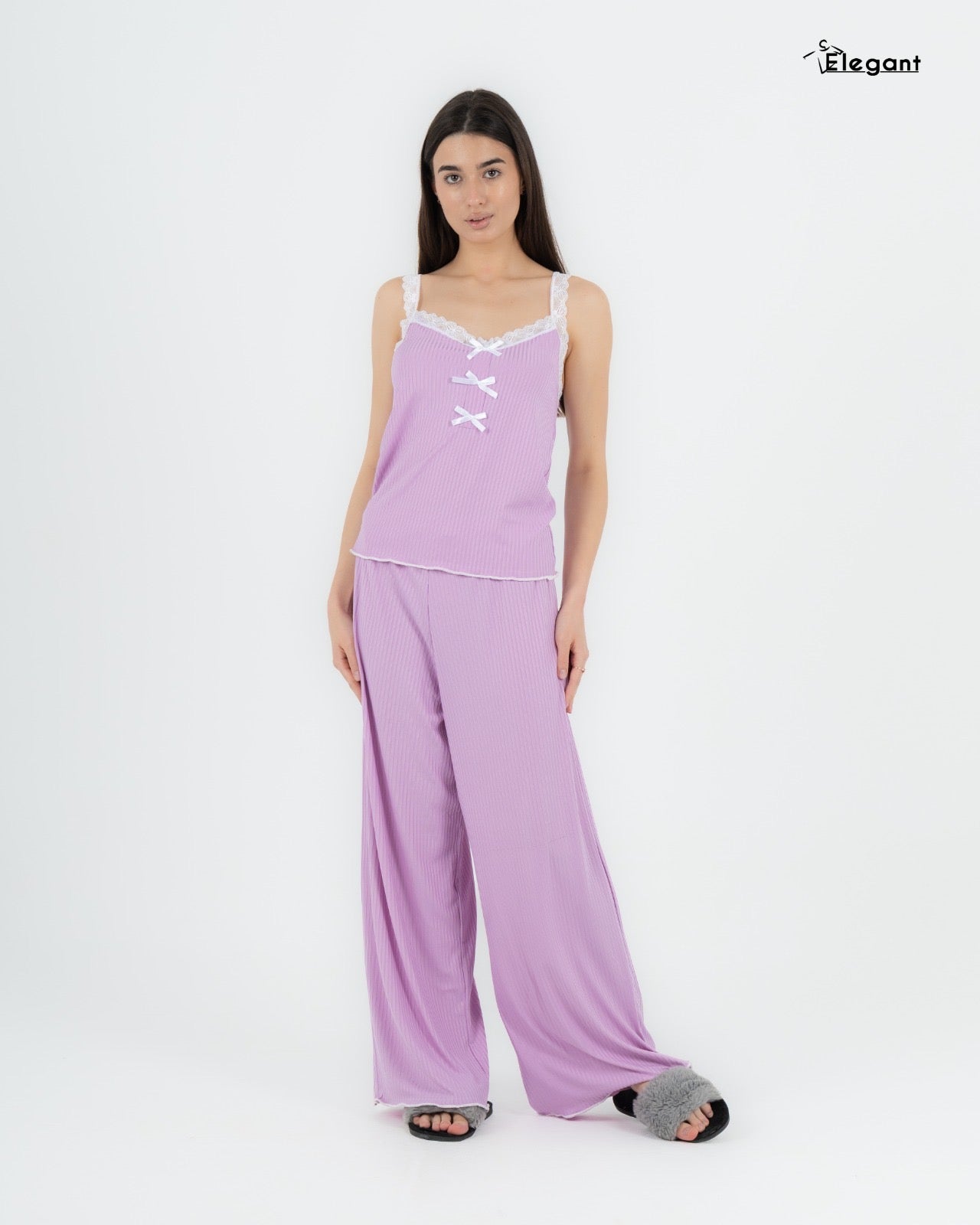 Straps Ribbed PJ Pants - Contrasted White trims - Lavender (Copy)