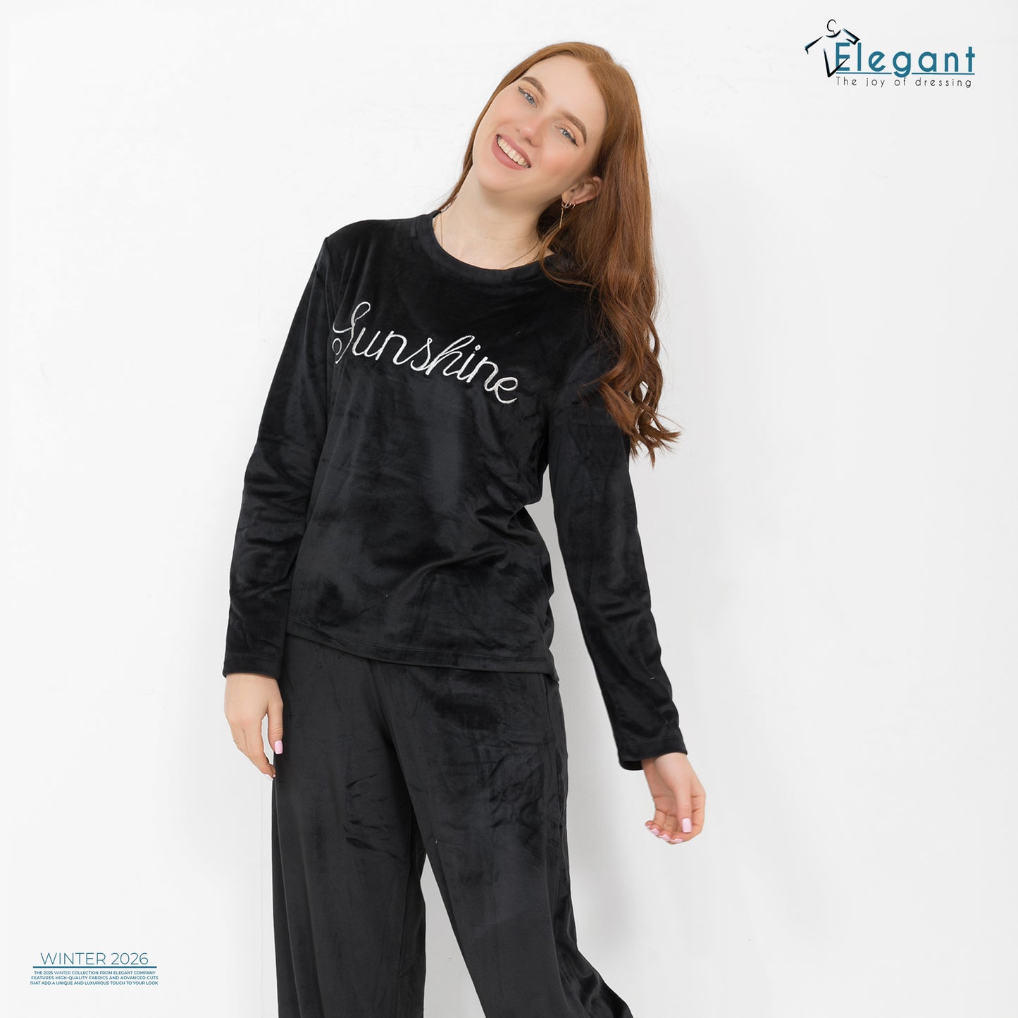 WIDE LEG Velvet Embroidery Pyjama -Black-Sunshine