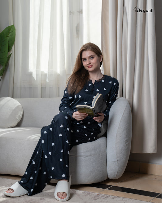Ribbed V Neck PJ - lovely hearts Black