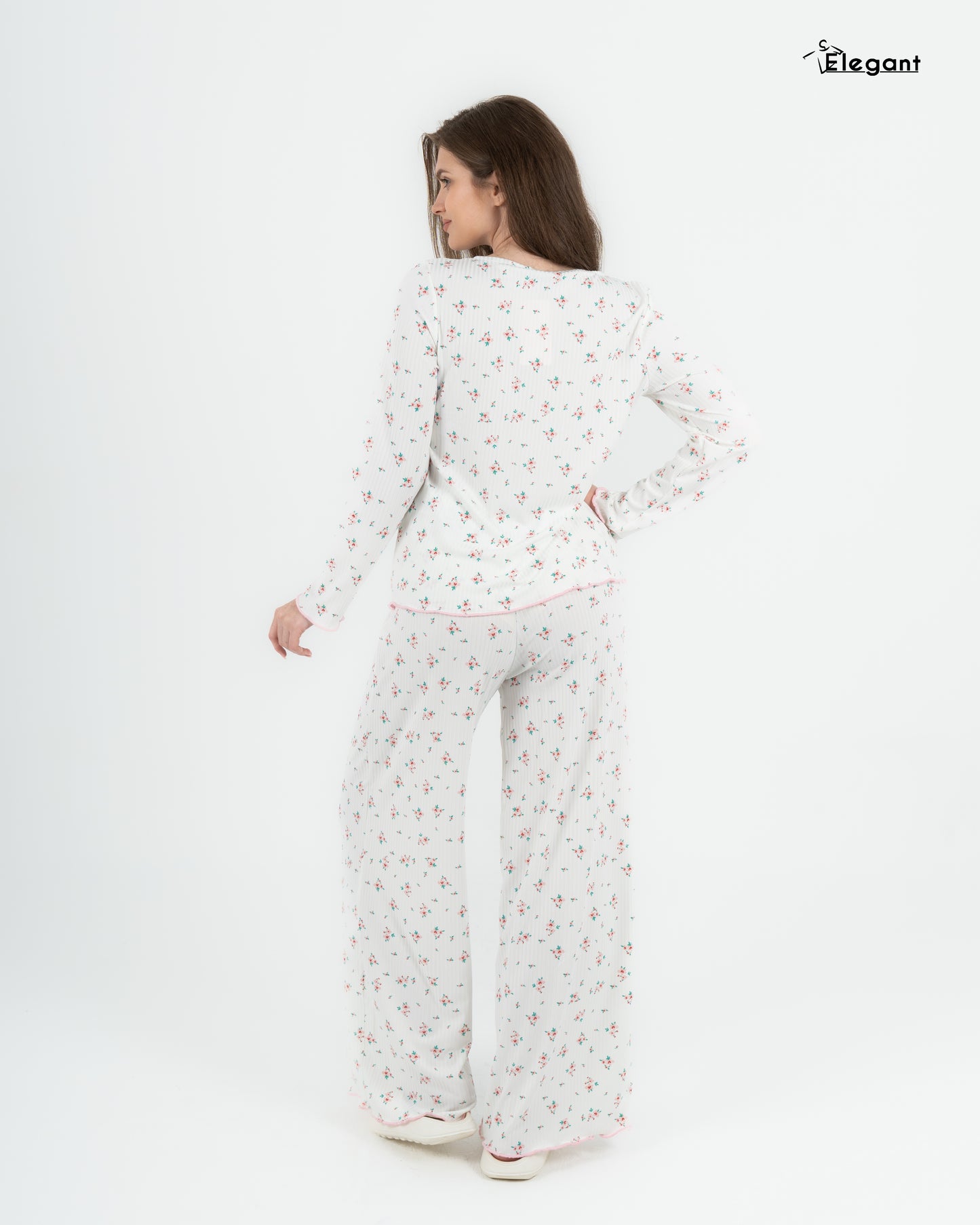Ribbed Knot Front PJ LS Offwhite - pink Floral