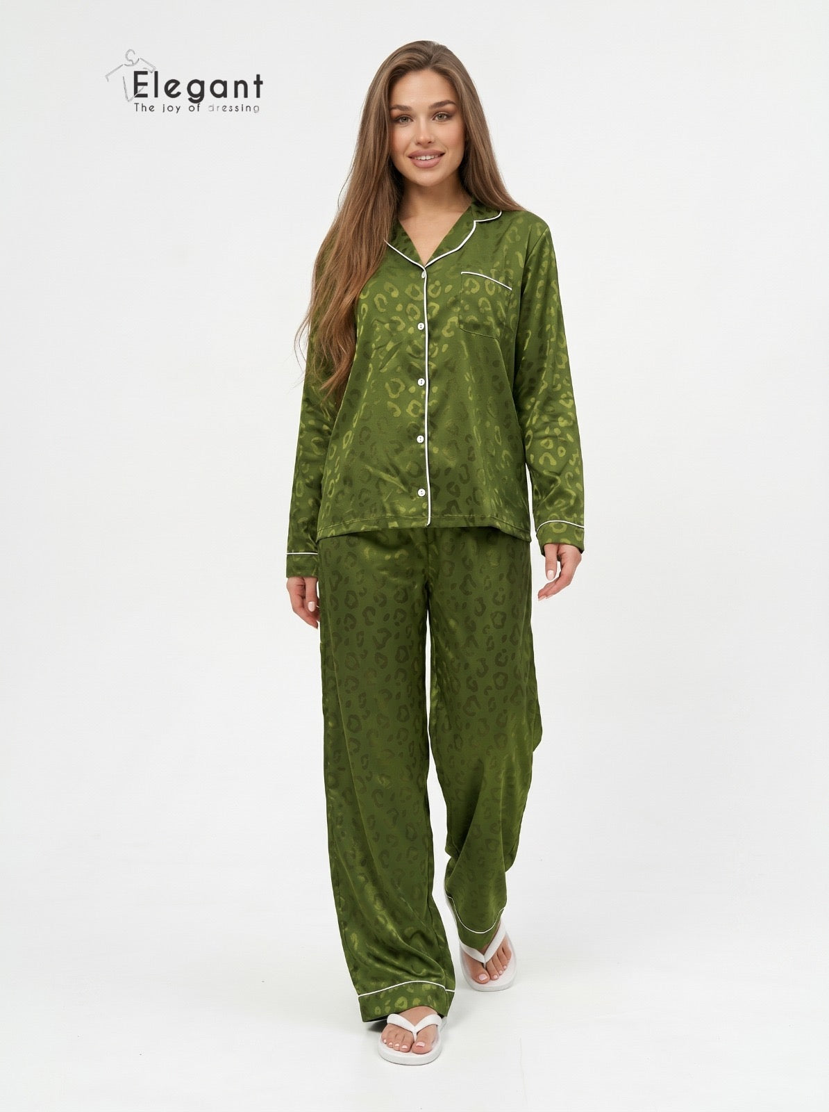 Satin Long sleeves Classic PJ Pants - Jacquard Olive Green