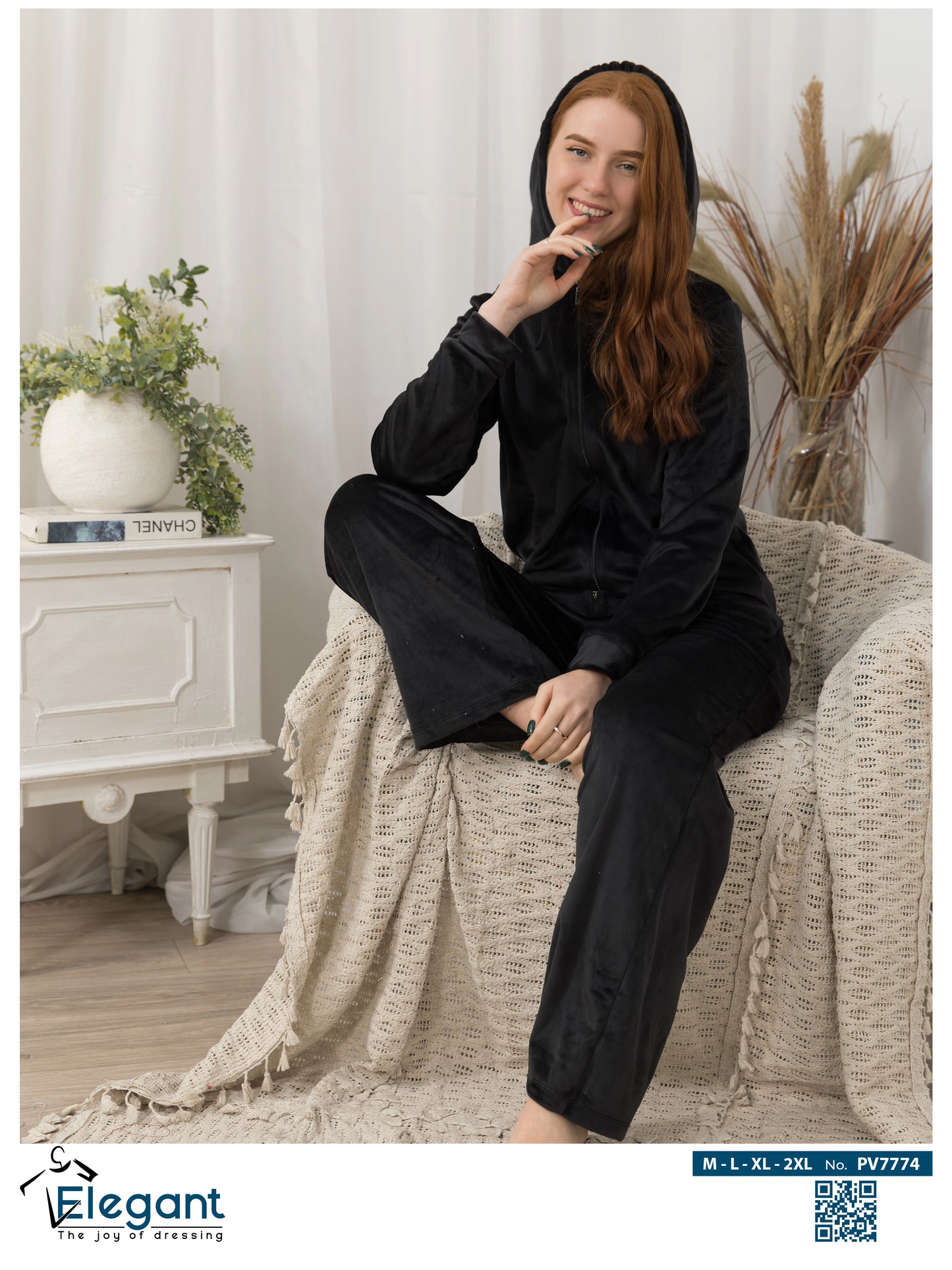 Velvet Zipper Wide Leg with Hood - Black