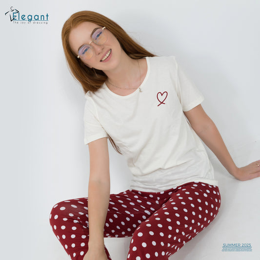 PJs Pants Cotton - Offwhite burgundy - mini heart