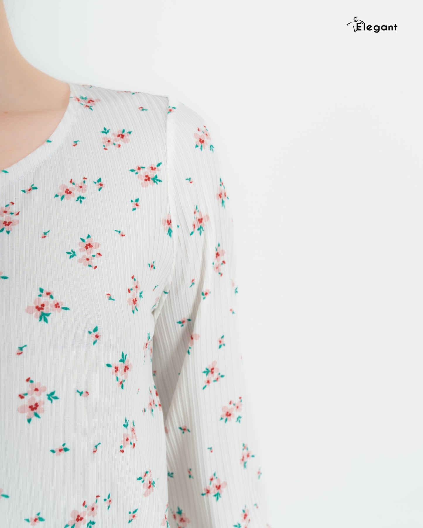 Ribbed Knot Front PJ LS Offwhite - pink Floral