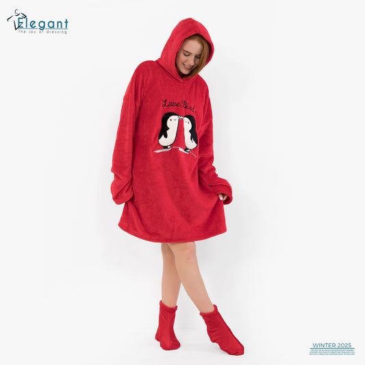 Oversized Nightshirt with Footwear - Red Penguin Couple