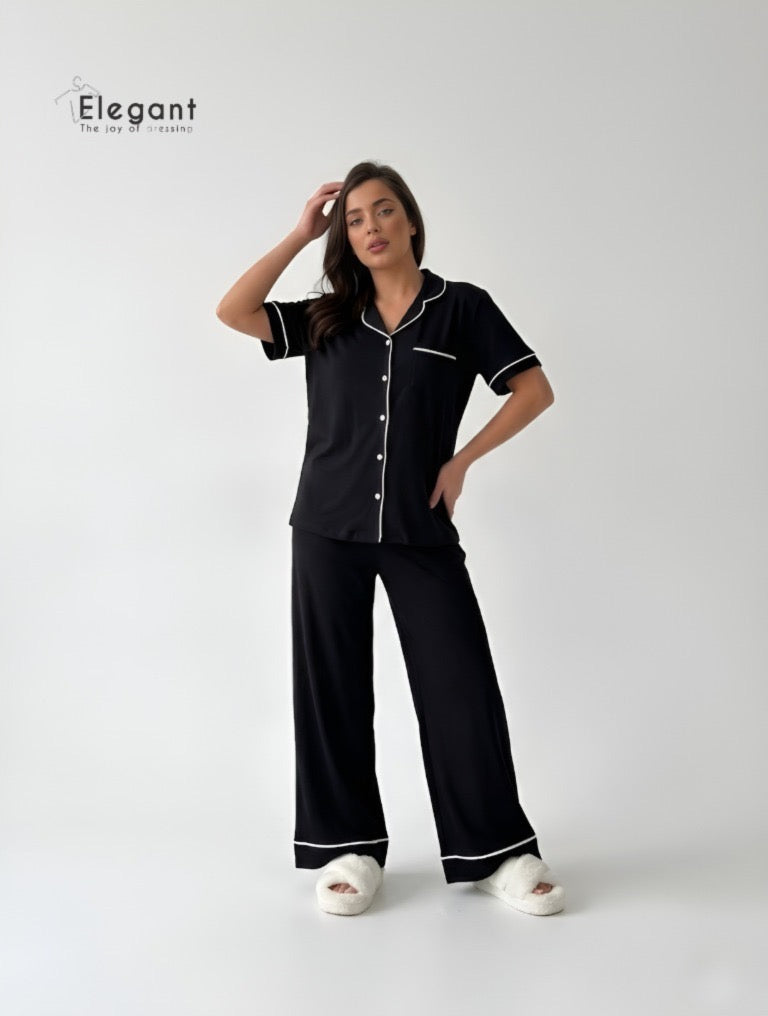 Classic PJ Pants Cotton Wide Leg - Plain Black