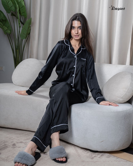 Satin Long sleeves Classic PJ Pants - Black