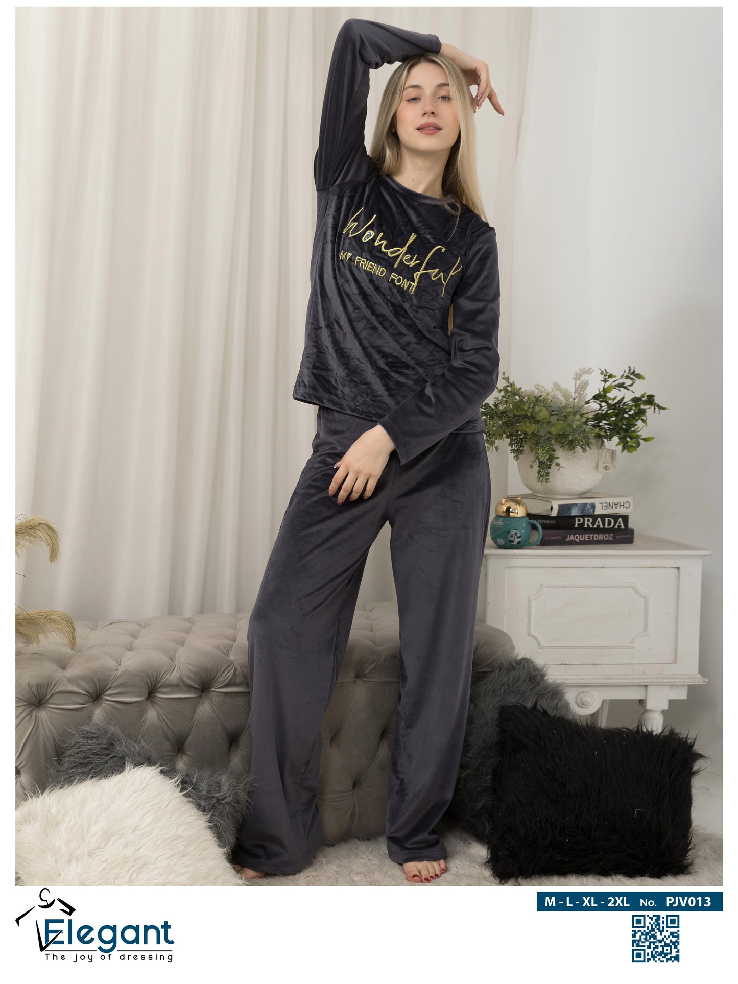WIDE LEG Velvet Embroidery Pyjama - Dark Grey - Wonderful