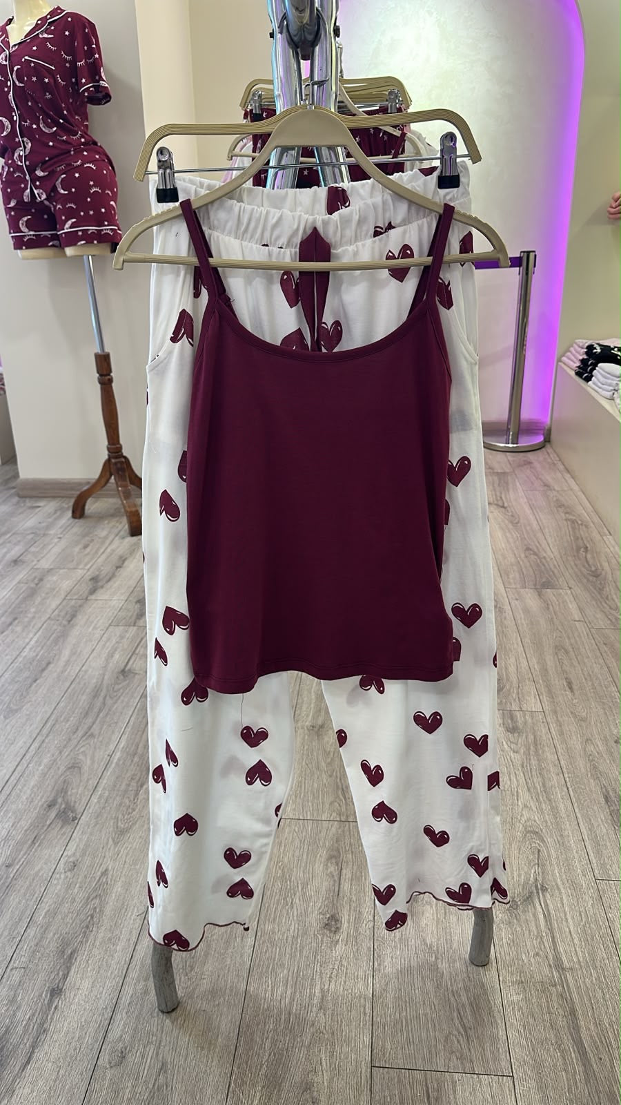 Straps PJs Pants Cotton - Burgundy Minimal Hearts