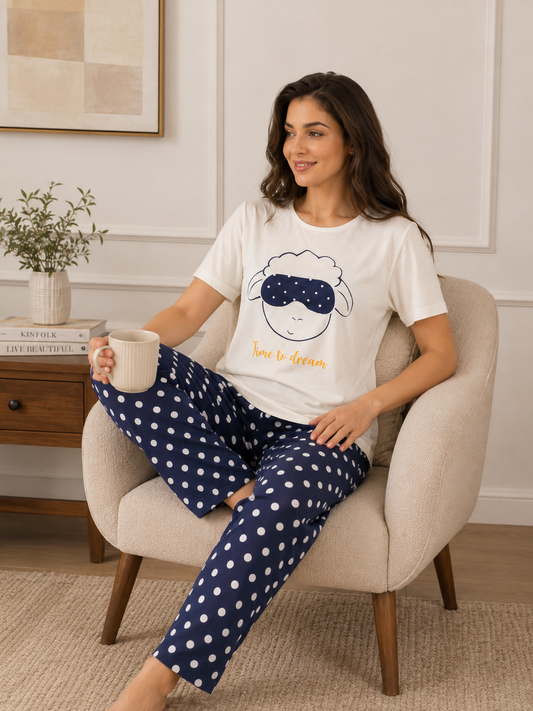 PJs Pants Cotton - White navy - Time to dream
