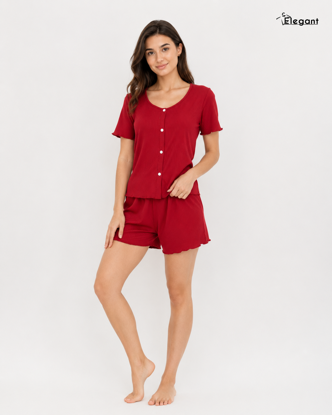 Ribbed PJ Shorts, Buttoned - Ruby Red