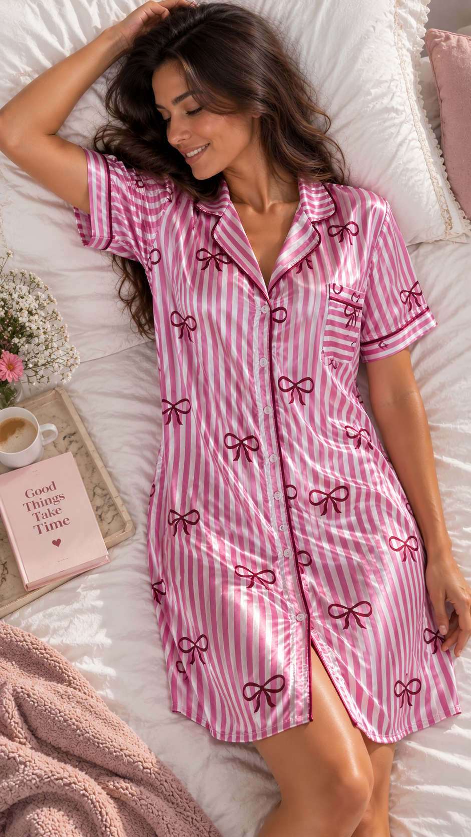 Satin Classic Nightshirt - my classy bow Pink